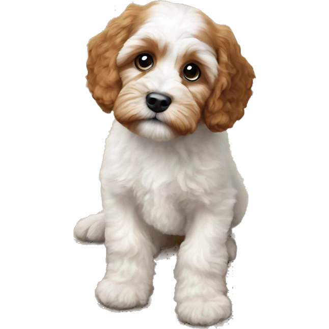 Cavapoo puppy on wooden floor watching emoji