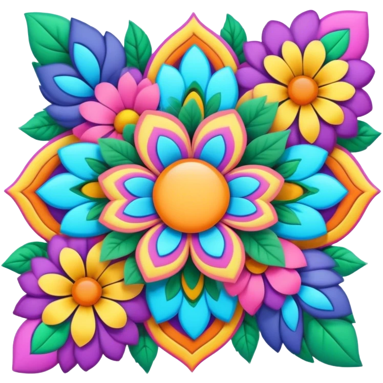 3D, psychedelic colored hippie style corner flower border emoji