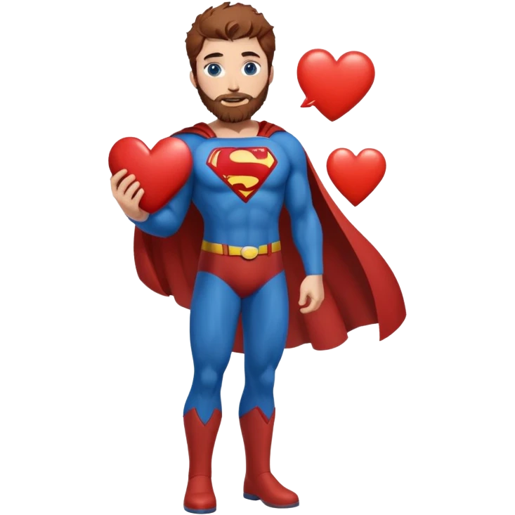 Adult-tall-full body- Superman-with redish brownish messy hair-full neatly trimmed beard-blue eyes-holding a heart  emoji