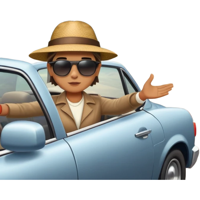 A person stands next to a car parked on the side of a long, open road. The sky ahead is clear and glowing, full of possibilities. One hand is on the steering wheel, the other points forward. The rearview mirror reflects storm clouds, but the windshield shows sunlit mountains ahead.  emoji