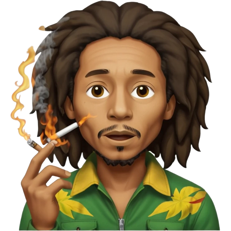 Bob Marley version cartoon fumant un jour de beuh dans la bouche avec beaucoup de fumé et un effet vraiment voyant sur son visage qu’il n’est pas dans son état normal emoji