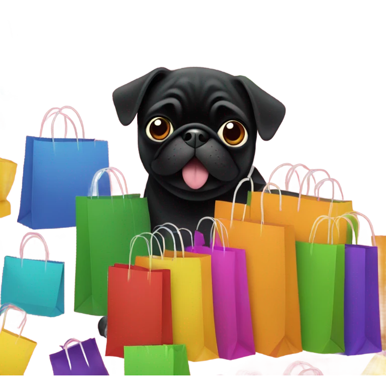 Black pug with many shopping bags emoji
