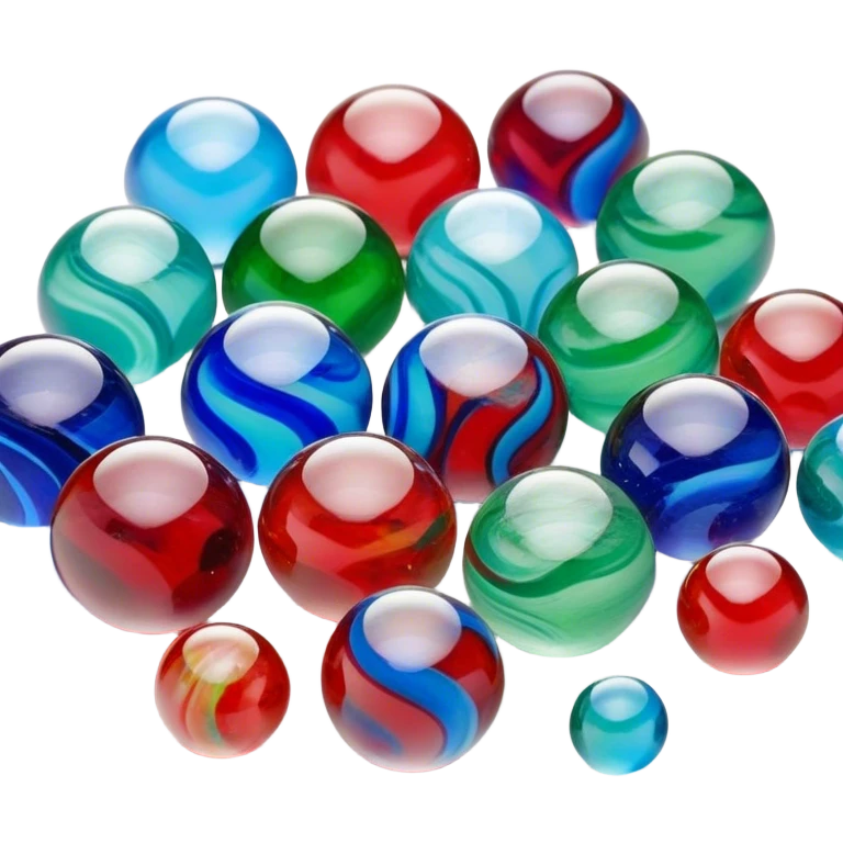"A close-up view of colorful glass marbles with intricate swirling patterns inside. The marbles are scattered on a smooth surface, reflecting light beautifully. Some are transparent, while others have vibrant colors like blue, green, and red. The scene has a soft, natural lighting that enhances the glossy texture of the marbles emoji