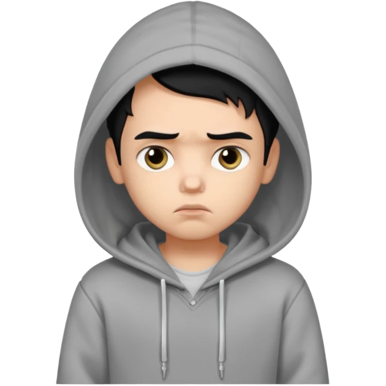 a pretty bratz boy with black hair and a grey hoodie looking sad emoji