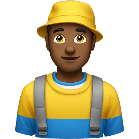 Man with yellow hat and a blue sweater with a white T-shirt under it emoji