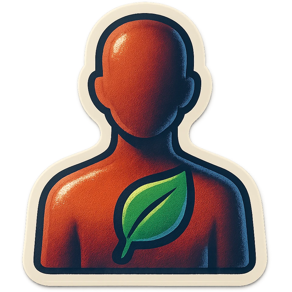 human silhouette or body with a leaf symbolizing mental health placed on the face or chest, retro stickers style, clear outlines, strong shadows and highlights, fun and not too complex, psychosomatics and psychology theme emoji