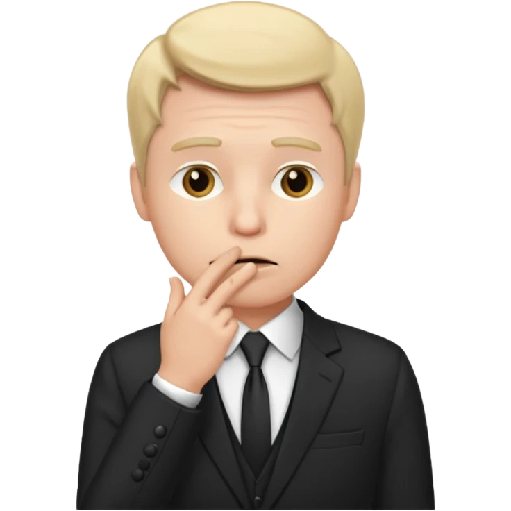white man in formal suit thinking, hand on mouth emoji