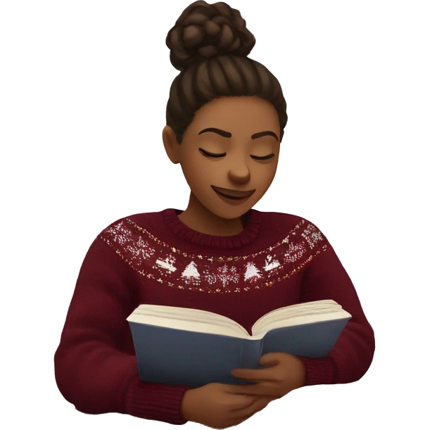 Girl wearing burgundy Christmas jumper reading a book emoji