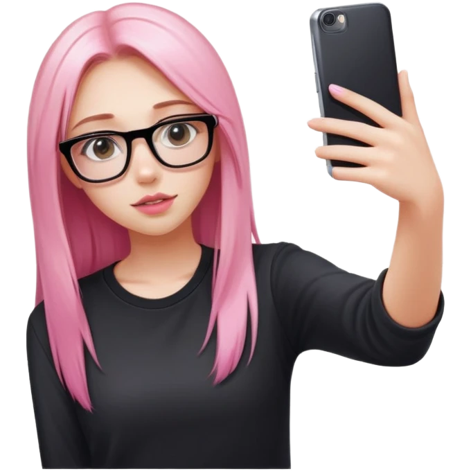 A teenage girl taking a selfie in a school bathroom. She has long, straight blonde and pink-dyed hair, wears rectangular glasses and a black shirt. Her expression is neutral with glossy lips emoji