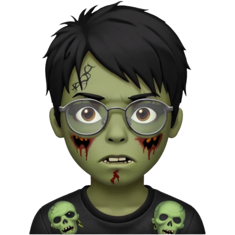 Boy, zombie, black hair, medium long, emo, shaggy, dark, spooky, creepy expression emoji, add dolce gabanna glasses, a risk on the eyebrow, some tattos  emoji
