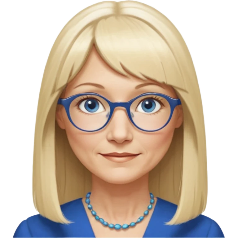 50 yr old white woman, hippie parted very long hair, short bangs, very long straight blond hair, oval face, small smile, blue eyes, thin face, hair downback, hair parted at center of head, round cheeks, pale, longer hair, business dress, long hair, big glasses emoji