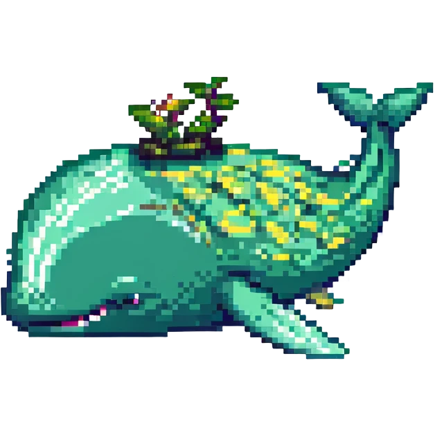 Magic whale, pixel art style, green and yellow colors emoji