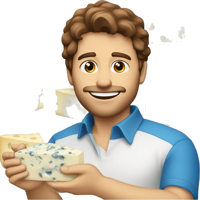 brown hair man eating blue cheese with sweet smile emoji
