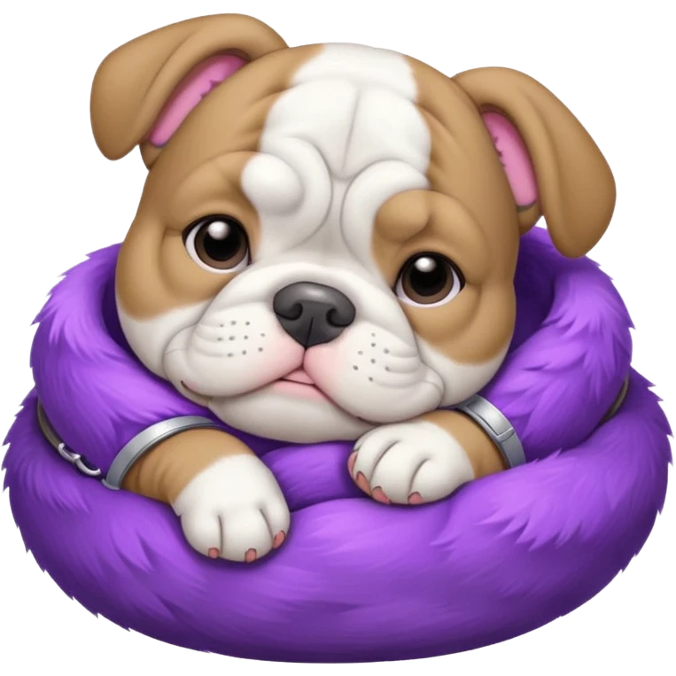 grey white bulldog puppy sleeping with a purple collar on emoji