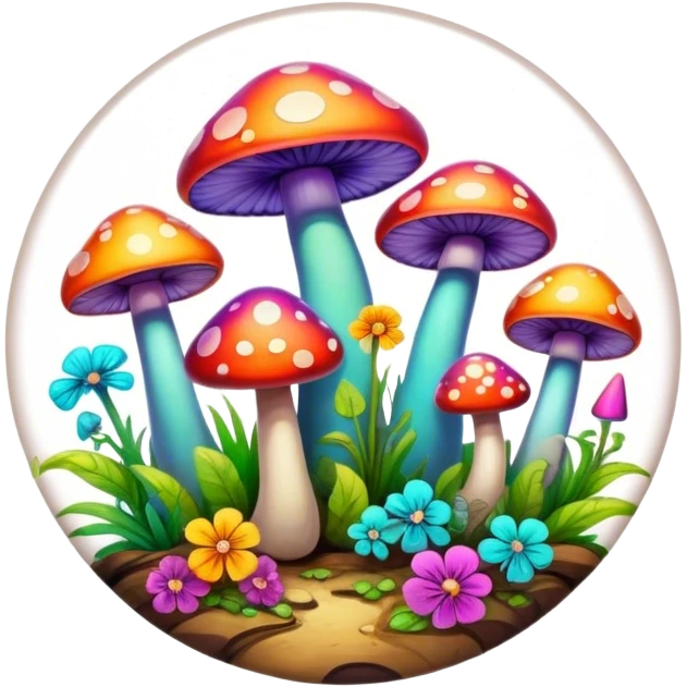 A round psychedelic colored button with beveled edges and colorful hippie style mushrooms emoji