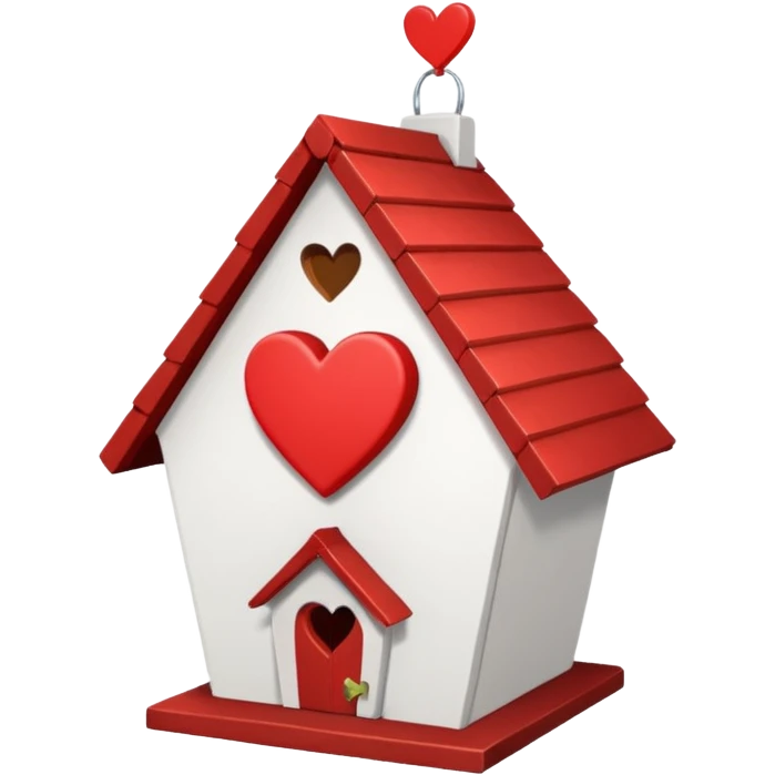 a birdhouse with a red roof with the rest white and a heart at the top but below the roof emoji