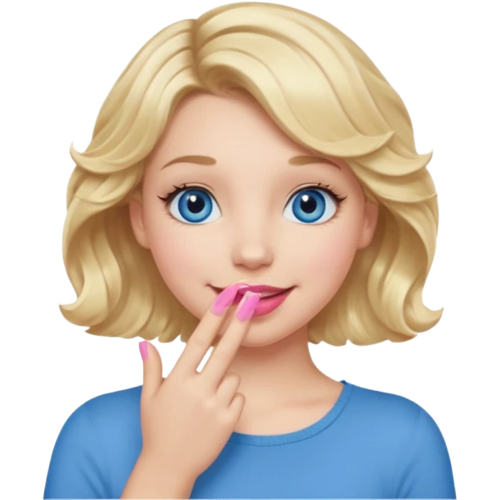 Girl Blonde short wavy hair,  blue eyes, cute blue top, long lashes, pink lips, smiling, hand covering the mouth emoji
