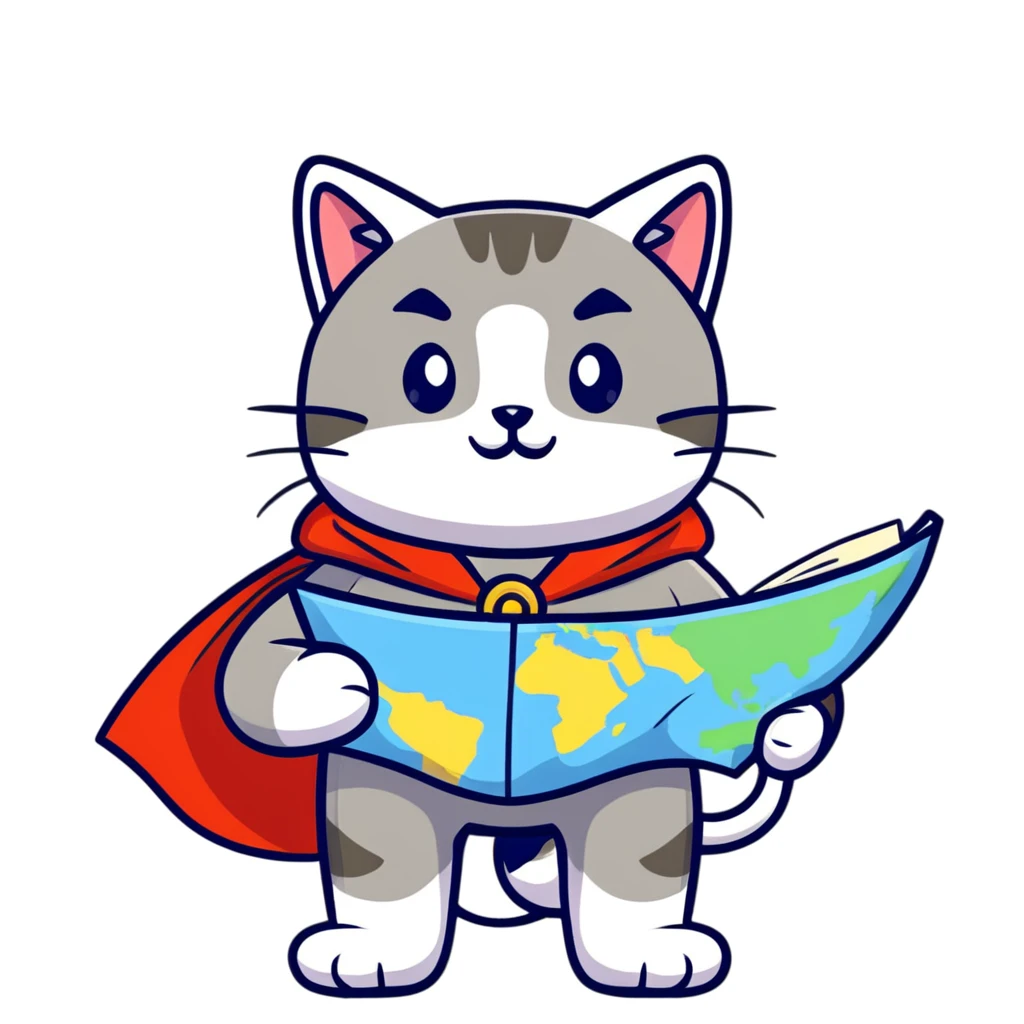 Explorer cat with map in paws, mountains and starry sky background, wearing explorer outfit with flowing cape, gazing at horizon emoji