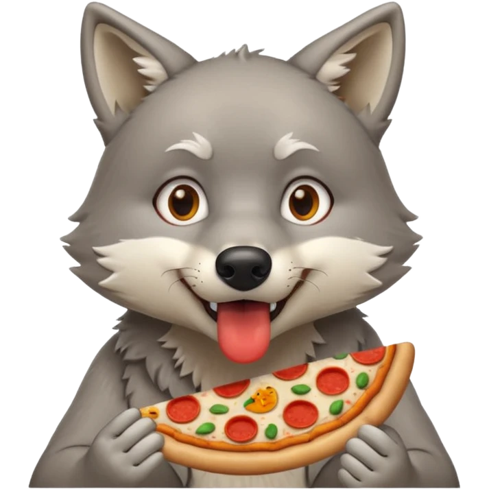 a surprised grey wolf eating a piece of pizza in a sitting pose emoji emoji