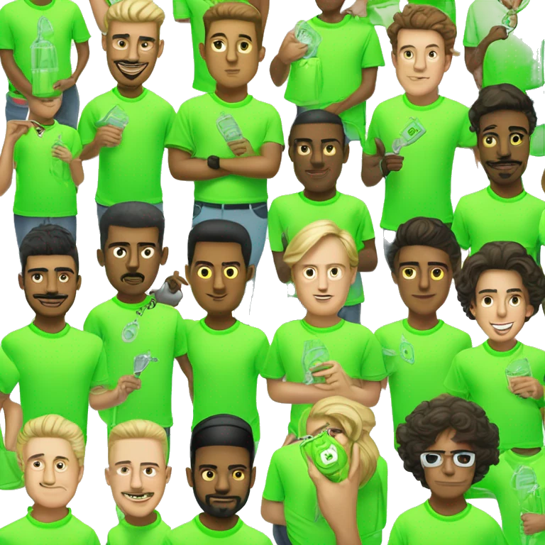 group of fashionable and flamboyant men in neon green shirts holding a very small clear bag in one hand and a key in the other emoji