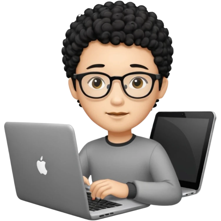 A young boy DEVELOPER WITH A laptop, black curly short hair, wearing glasses, a thin goatee, his skin is asian

Add the word "PIF" floating around him emoji