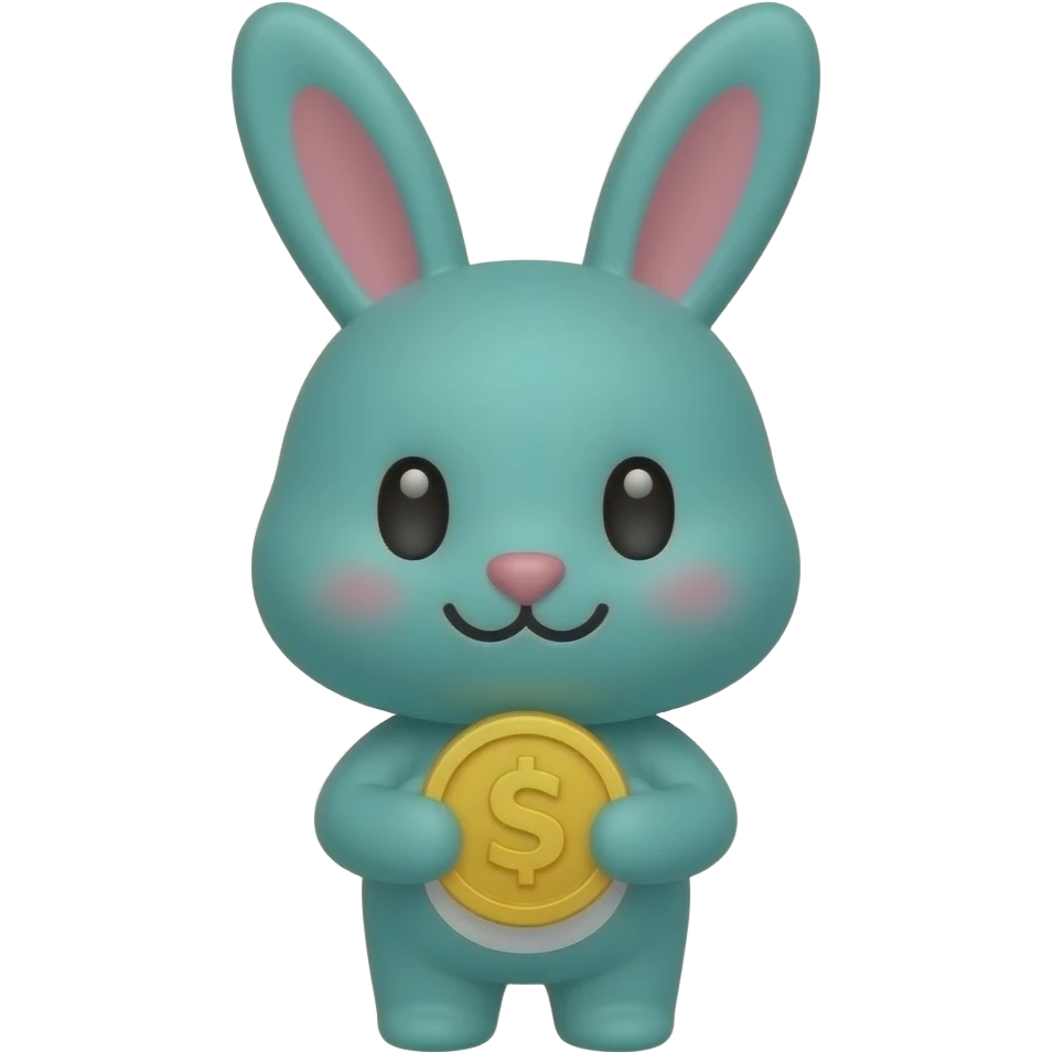Teal rabbit mascot emoji sprite sheet, Small friendly rabbit character with long ears, dot eyes, tiny pink nose. Primary color teal 
#4A9A9A with white belly. Hand-drawn brushstroke style, loose confident lines. Poses:  holding gold coin emoji