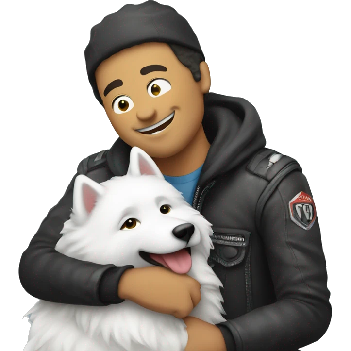 Biker hugging a samoyed  emoji