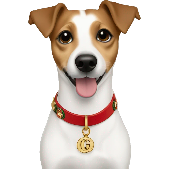 one year old jack russell terrier light brown wearing gucci gold green and red GG emoji