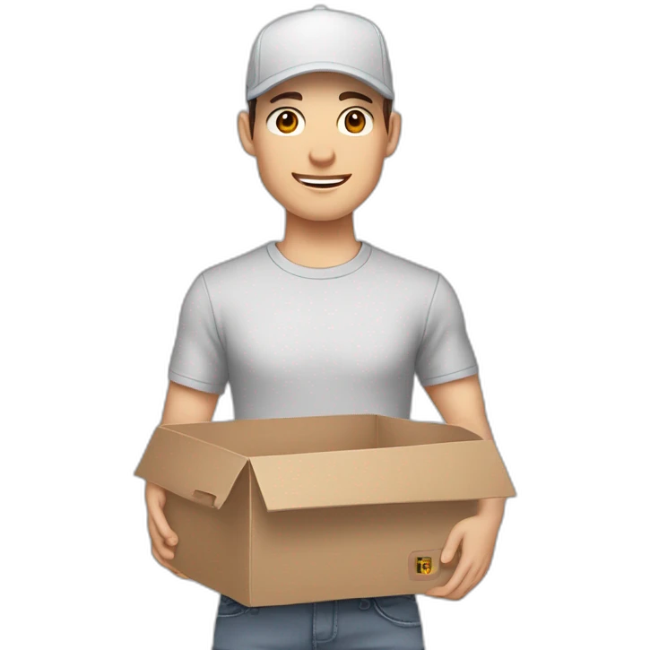 Pale skinned fit Man with dark brown hair in a white cap, gray jeans and gray polo T-shirt keeping a pasted box into his hands emoji