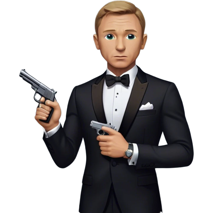 Cinematic Realistic James Bond Daniel Craig Portrait Emoji, depicted as the ultimate suave and enigmatic secret agent, donning a sharply tailored tuxedo, gripping a sleek handgun, with a piercing gaze that exudes confidence and danger. The scene is infused with moody, high-contrast cinematic lighting, evoking the thrilling world of espionage and intrigue. emoji