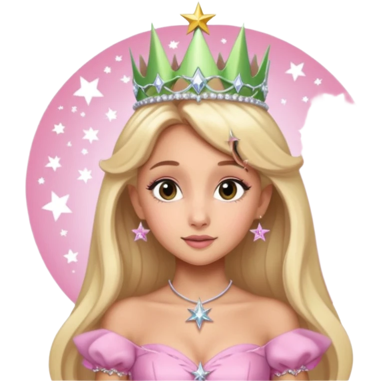 glinda the good witch from wicked movie (ariana) blonde hair, beautiful, big silver thin tiara, star wand, pink gown emoji