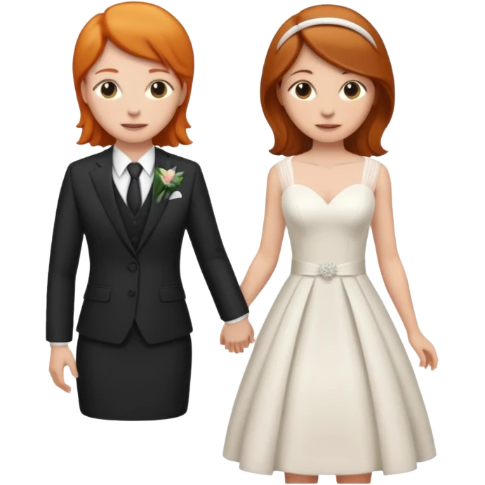 lesbian couple getting married. one ginger one brunette. ginger in a suit, medium brunette in a dress. BOTH GIRLS emoji