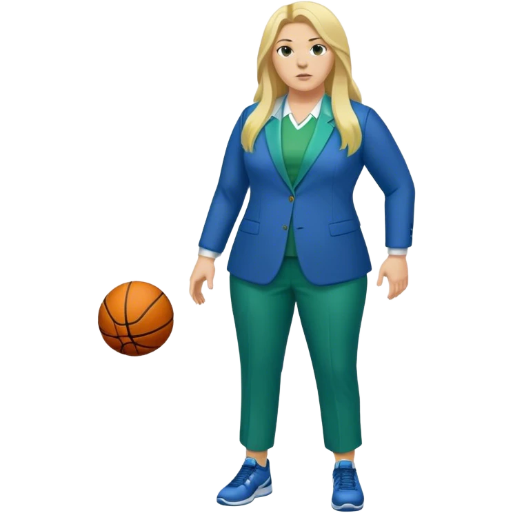 Full Body white plus size female basketball head coach with long blonde hair in a blue and green suit emoji