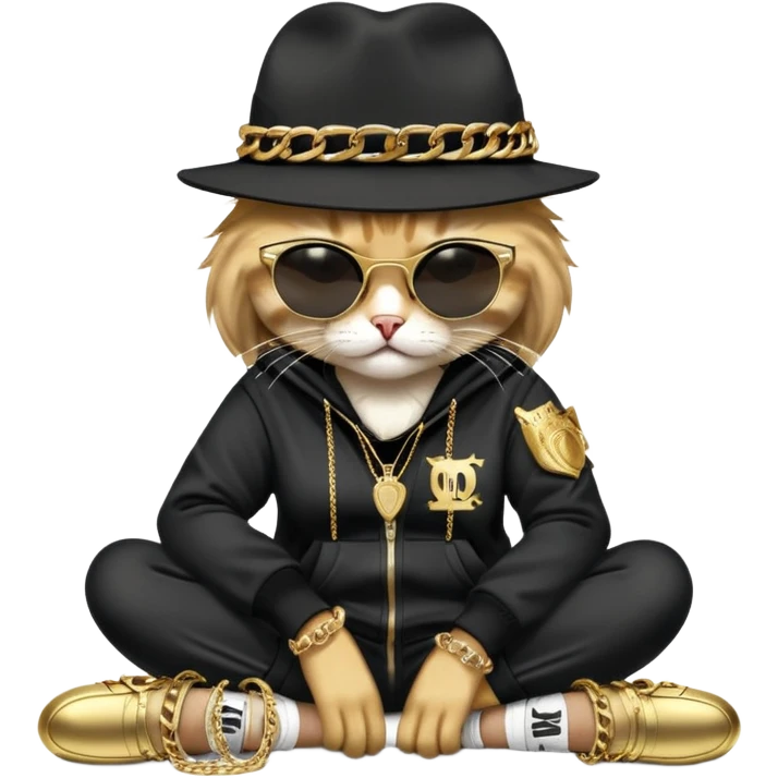 female cat dressed like Run DMC with tracksuit, fedora, Adidas shoes, dark sunglasses, lots of gold chains, rings, bracelets, earrings, lying on the ground, distressed and crying emoji