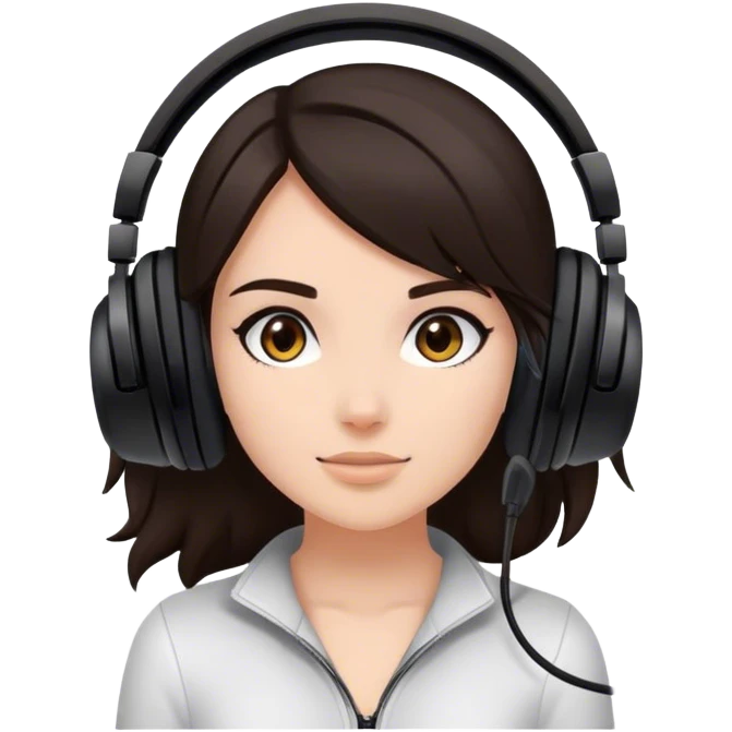 girl with dark brown hair and a black gaming headset. feet near her fac emoji