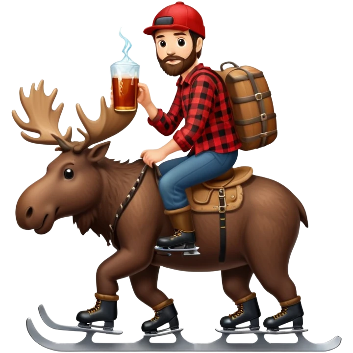 canadian lumberjack wearing red and black flannel shirt and drinking maple syrup and wearing ice skates while riding on a moose emoji