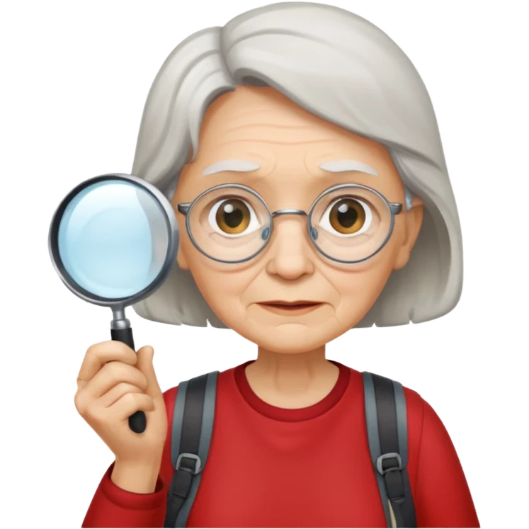 Explorer old woman with red shirt backpack and magnifying glass emoji