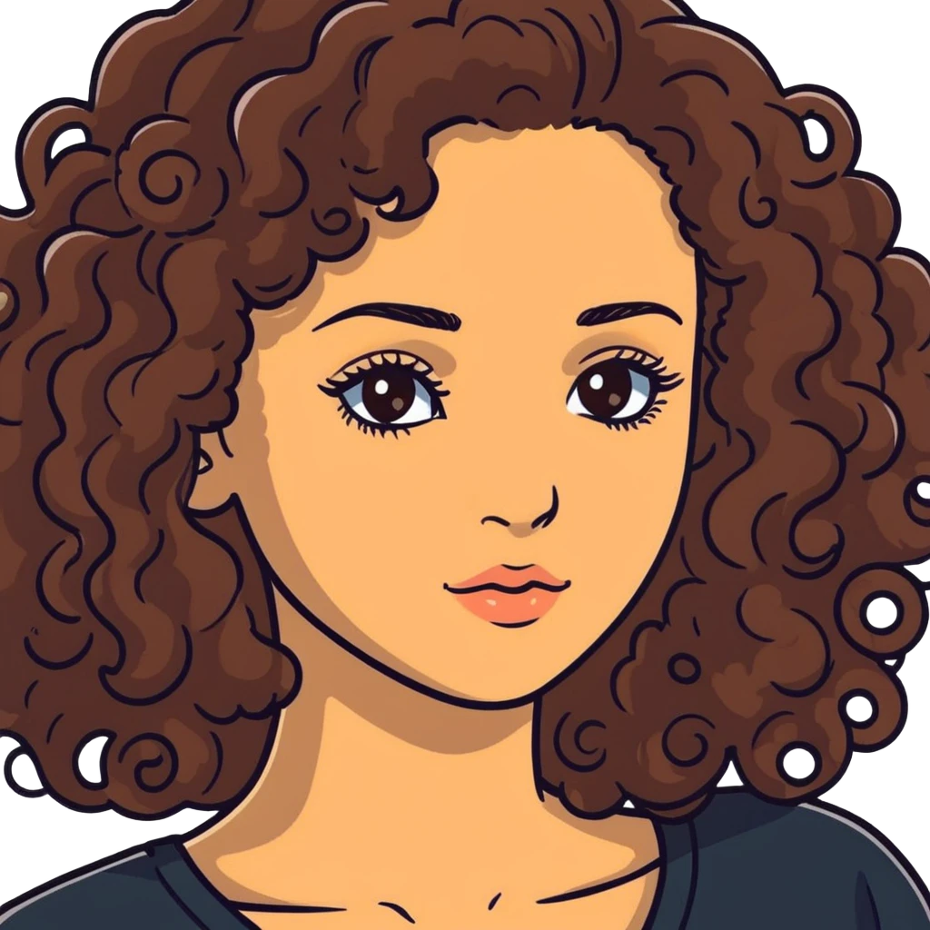 20-year-old woman with long curly brown hair, small hazel eyes, long eyelashes emoji
