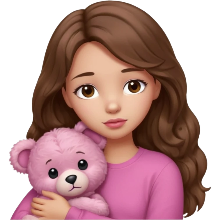 girl with long wavy brown hair, brown eyes, light to medium complexion, in a pink shirt, pink lips, long lashes, sad, hugging a teddy bear with a  heart emoji