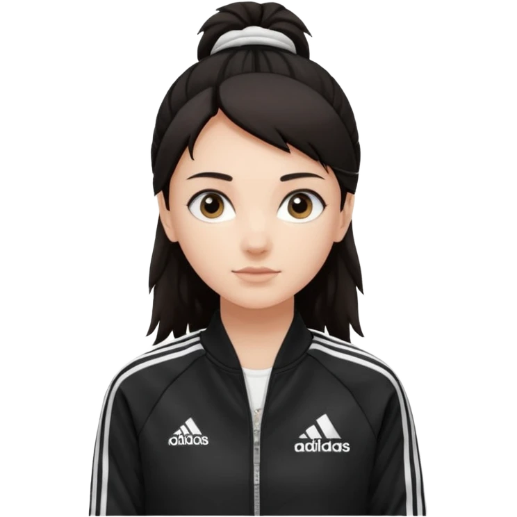 A girl with  medium length, dark hair, fair skin. The style is a layered cut that falls around her shoulders. wore black Adidas track jacket with white stripes on the sleeves. It has a full zipper down the front, a stand-up collar, and the Adidas logo on the right chest emoji emoji