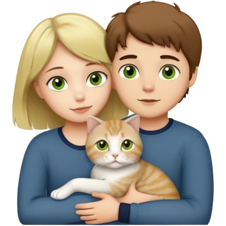 Blonde green eyed girl and brown Hair green eyed boy in love hugging a yellow eyed grey scottish fold cat emoji