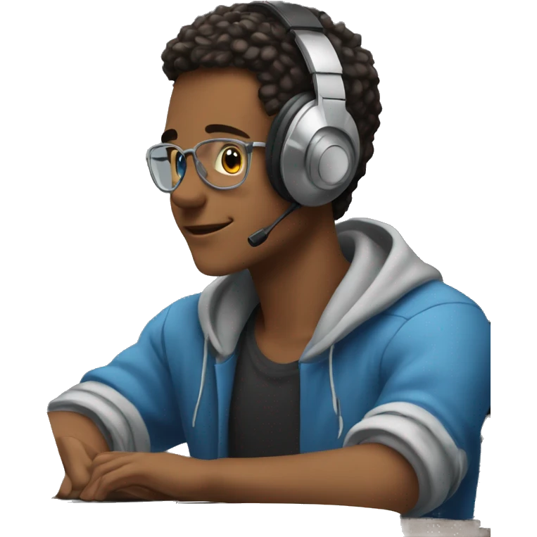 young men sitting in front of a computer with headphones on emoji