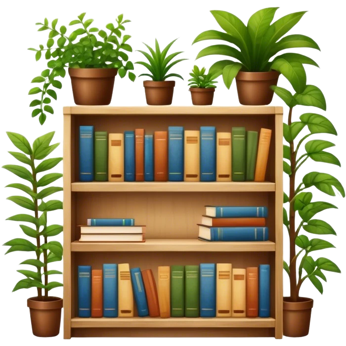ikea bookshelf filled with books and plants, cozy vibe emoji
