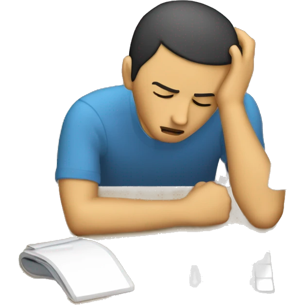 Create a simple, emoji-style image of a person with their head resting on a desk, indicating frustration or exhaustion. The person should have short hair, be wearing casual clothing, and the desk should be a plain wooden surface. In front of computer emoji