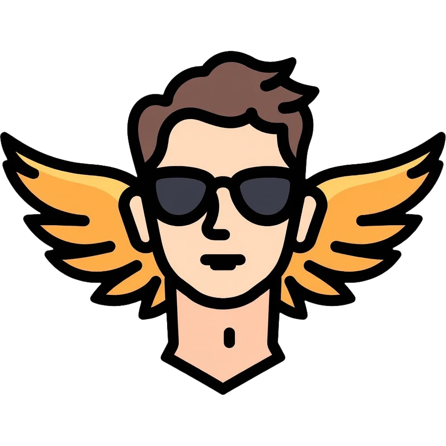 short-haired man with black sunglasses and wings emoji