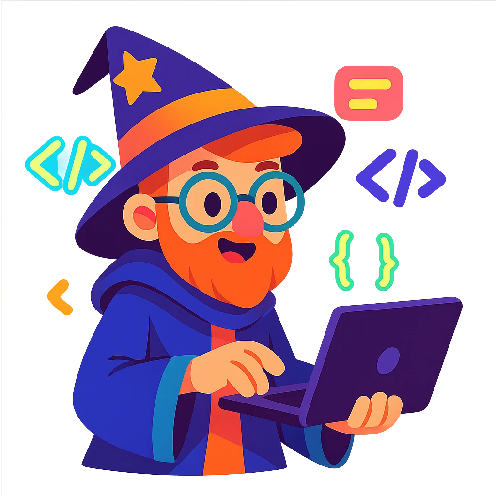 cute wizard coder with glasses holding a laptop surrounded by glowing code, vibrant toon style, cartoonish, colorful, dynamic emoji