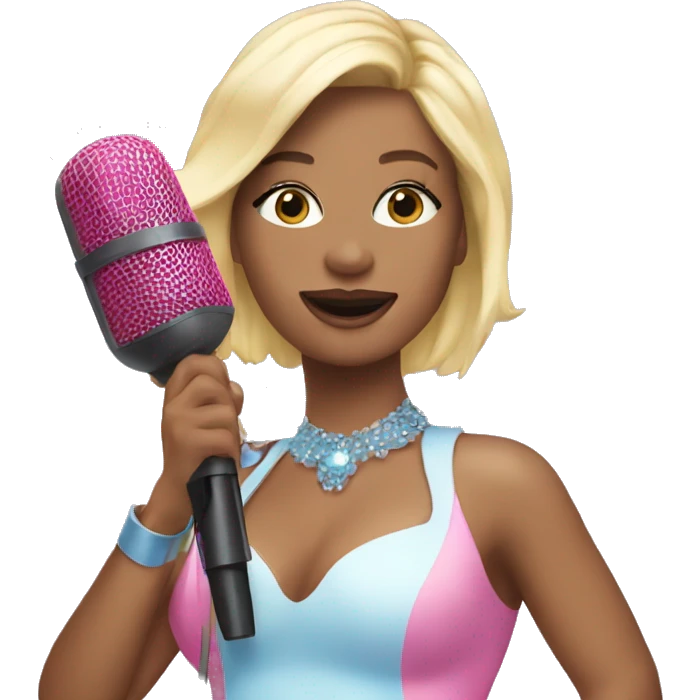 Blonde Singer wearing a pink and blue bodysuit and holding a microphone emoji