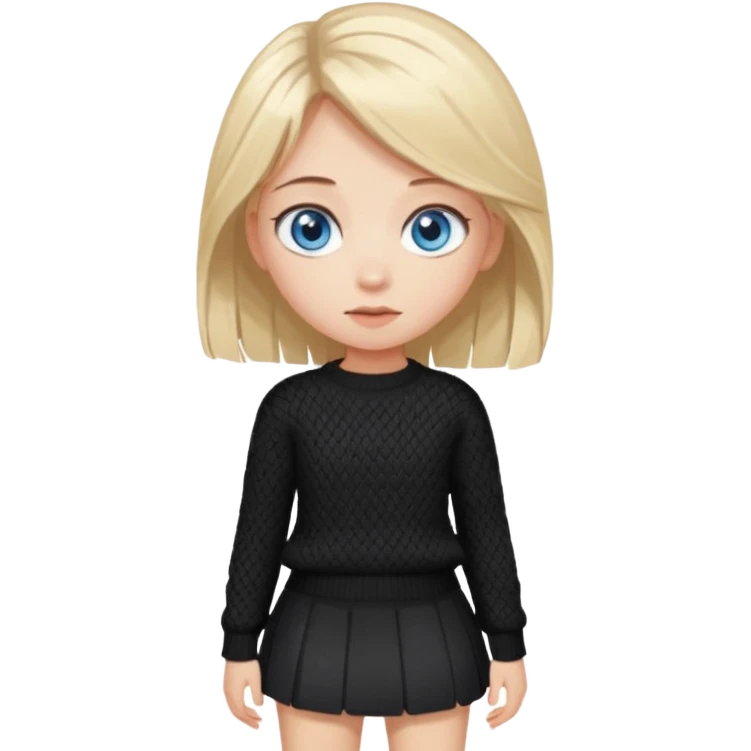 девушка с русыми волосами, голубыми глазами, в черной короткой юбке и вязаной черной кофте с дырками, в белых кедах emoji