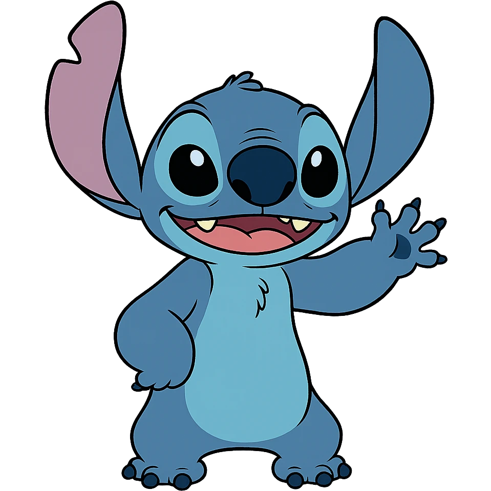 Stitch, waving, friendly, blue fur, Disney style emoji