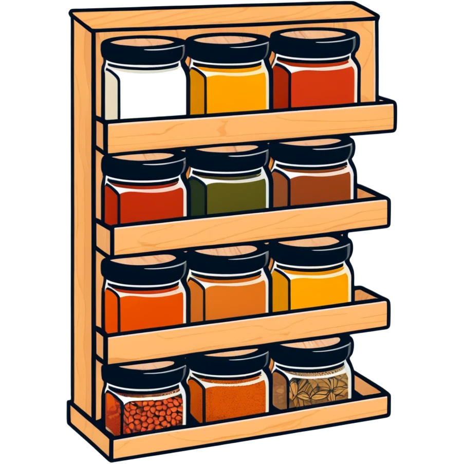 A wooden spice rack with various labeled jars of spices emoji